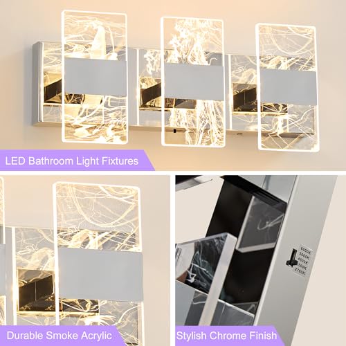 Image of Modern LED Bathroom Light Fixtures Dimmable 3-Light Chrome Vanity Light