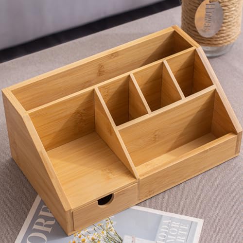 Behogan Schreibtisch Organizer mit Schublade, Große Kapazität Tischorganizer Stiftehalter, Stiftehalter aus Bambus, Multifunktionale Schreibtischablage aus Bambus für Schreibtisch, Büro, Home-Office