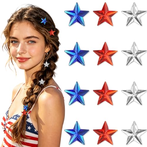 12 piezas pinzas de cabello mini estrella con diseño patriótico rojo, blanco y azul para mujer miniatura 1