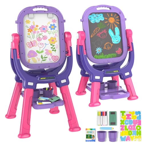 Ylovetoys Easel for Kids, Toddler Art Easel Adjustable Standing, Magnetic Double Sided Easel with Painting Accessories Gift for Boys and Girls (Purple red)