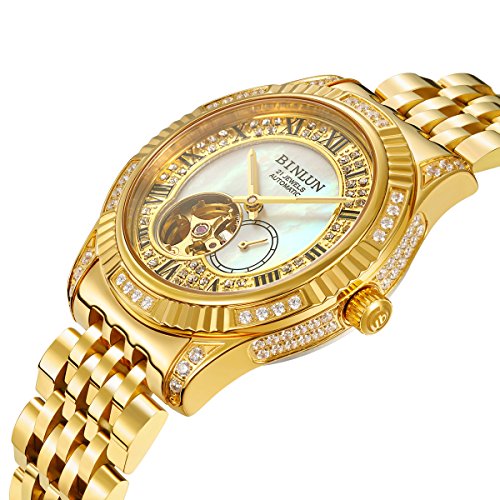 Image of BINLUN Men Wrist Watch Automatic Mechanical Gold Watch Self-Winding Stylish Men's Watches 18K Gold-Plated Luxury Wrist Watches for Men