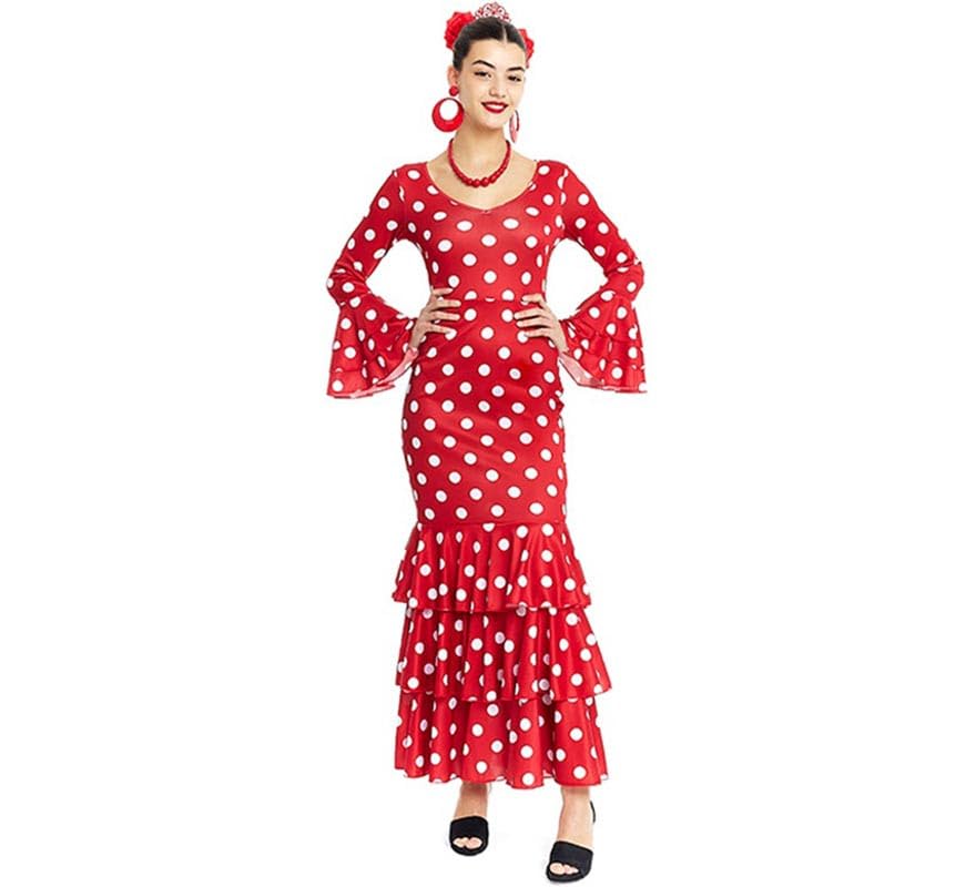 Partilandia | Disfraz de Sevillana rojo con lunares blancos para mujer (Talla S)