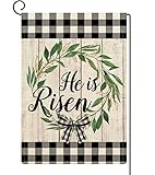 ORTIGIA Easter He is Risen Garden Flag Double Sided Buffalo Plaid Spring Laurel Wreath Garden Flag...