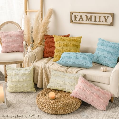 AVOIN colorlife Fall Pumpkin Caramel Throw Pillow Covers, 20 x 20 Inch Seasonal Autumn Thanksgiving Harvest Decoration Soft Plush Faux Fur Jacquard Cushion Case Decoration for Sofa Couch Set of 2 - Image 5