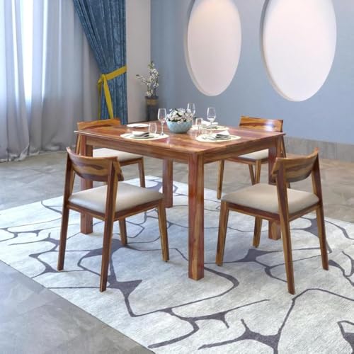 Image of Sheesham Wood 4-Seater Dining Table - Solid Wood, Handcrafted Finish with Beige Cushions for Home - Sturdy & Stylish (Natural Wood Finish)