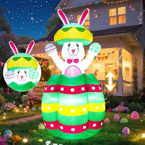 Easter Inflatables Outdoor Decorations 6FT Bunny Blow Up Pop Up and Down Out of Egg Rabbit Inflatable with Bulit-in Led Lights Yard Lawn Party Spring Home Décor