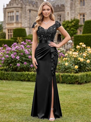 Image of Miusol Women's Vintage V-Neck Slim Ruffle Split Evening Formal Maxi Dress