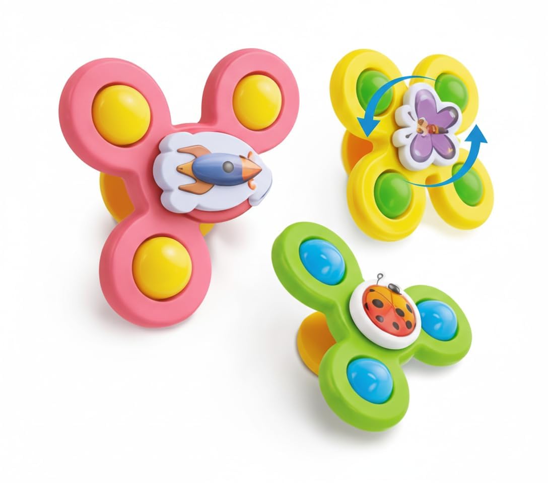 PB Prime Brands Strong Suction Cup Fidget Rotating Sensory Bath Toys for Baby 6 12 18 Months Airplane Car Travel Table & Window Toys for 1 2 Years Old Toddler Boys and Girls (Rocket Rotate Ball)