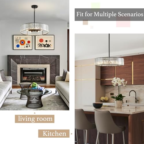 gqwemztb Modern Crystal Black Chandelier for Dining Room,19.7 inch Semi Flush Mount Ceiling Dining Room Light Fixture with E12 Base*6,Round Pendant Lighting for Bedroom Hallway Bathroom Foyer Kitchen — view 3