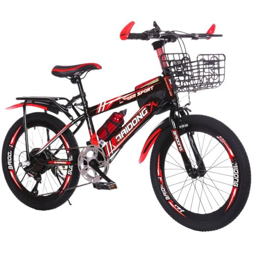 MORLU子供用自転車調節可能なシート 20/22/24インチ 子供用自転車男の子女の子 キッズバイクスポーツ カゴ付き 付きキック スタンド ハンド ブレーキ フェンダー 可変速度 誕生日プレゼントに最適 (ブラック&レッド デラックスエディション +