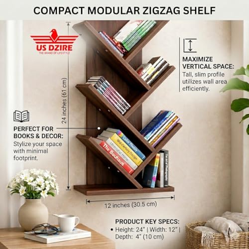 Image of Tree-Shaped Wall-Mounted Bookshelf, Wooden, 4-Tier Floating Book Rack for Living Room, Study, Brown