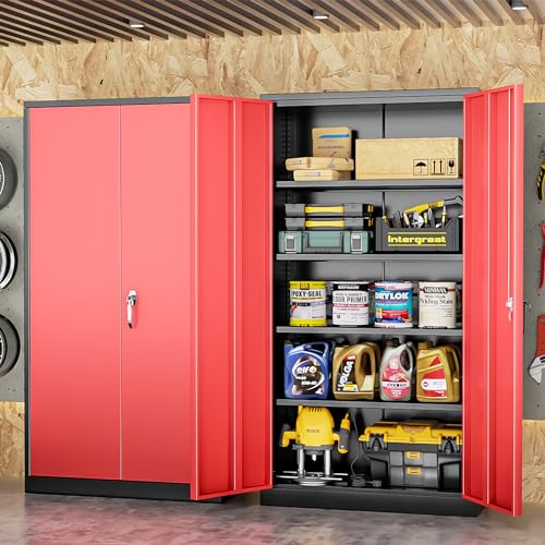 Image of INTERGREAT Metal Storage Cabinet with Doors, 72 inch Locking Steel Storage Cabinet with Shelves, Tall Metal Cabinet Lockable Steel Cabinets for Home Office, Garage,(Black+Red)