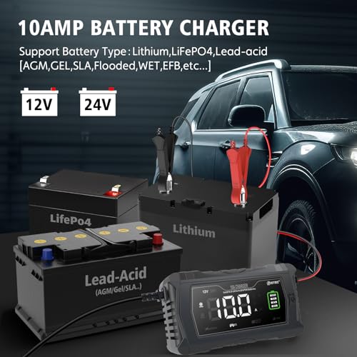 HTRC 10A Car Battery Charger - 12V/24V LiFePO4, Trickle & Leisure Battery Charger with 4 Modes for Boat, SUV, Motorcycle, Lithium & Lead-Acid Batteries - Image 2