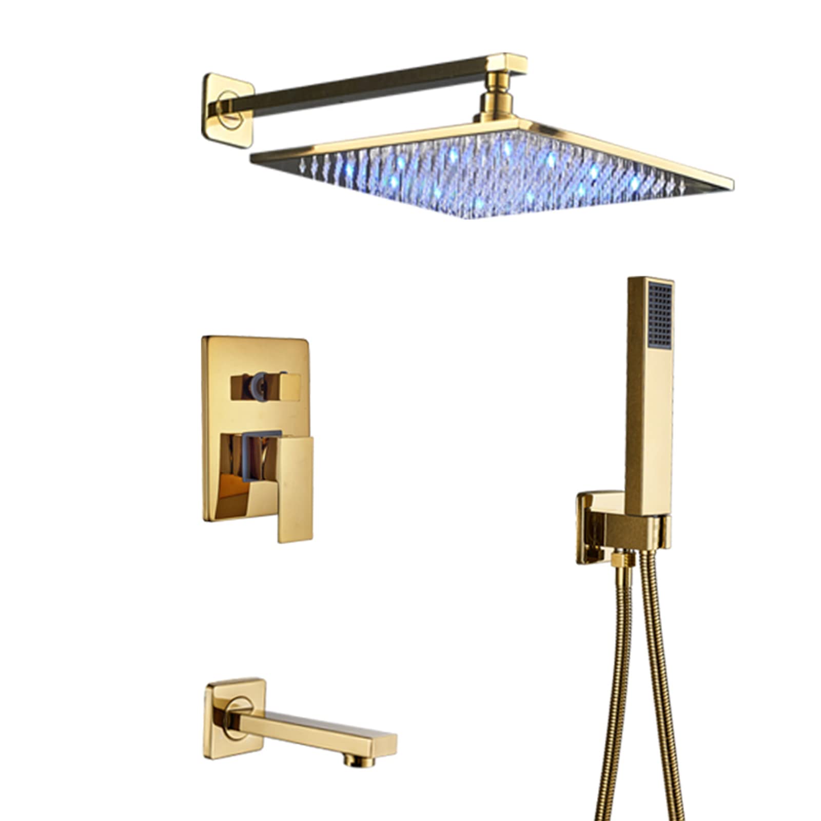 Ensemble de douche mural doré avec douchette anti-calcaire et pommeau LED pluie