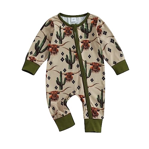 Image of SAYOO Western Baby Cowboy Clothes Neutral Zipped Fall Romper Outfit for Boy Girl Infant Lapel Cow Print One-piece Jumpsuit