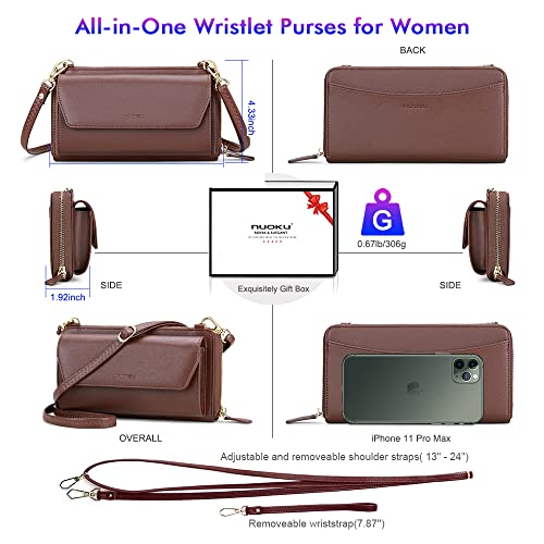 Image of nuoku RFID Blocking Wristlet Wallet for Women, Zip-Around Crossbody Clutch with 2 Removable Straps