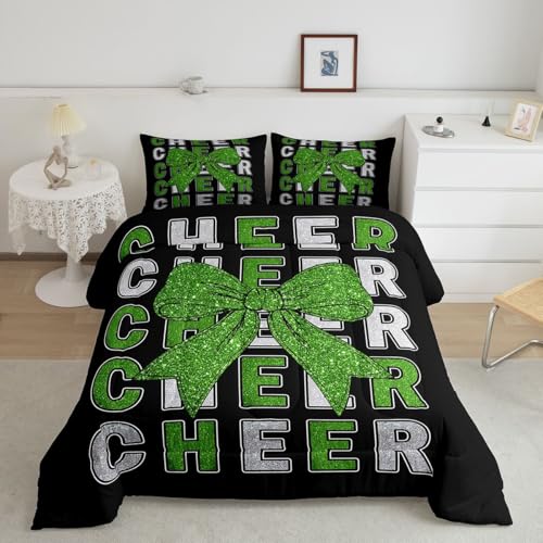 Image of Feelyou Cheer Comforter Set All Season Green Glitter Bowknot Bedding Set with 1 Pillow Cases Sport Cheerleader Microfiber Kids Twin Bedclothes Cheerleading Bedroom Decor Duvet Quilt Soft Lightweight