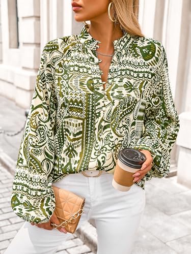 MASCOMODA Womens Boho Floral Print Fall Tops Dressy Casual V Neck Button Down Lantern Long Sleeve Shirts Chiffon Work Blouse2
