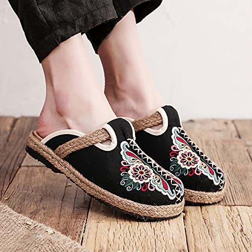 Hee Grand Women's Embroidered Espadrilles Slip On Mule Slippers Ethnic Style Cotton And Linen Flats Retro Chinese Style，Black 7 #TOP4