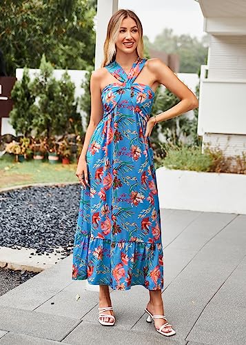 Image of GRACE KARIN Womens Summer Floral Dresses 2026 Boho Maxi Dress Flowy Halter Sundress Casual Vacation Beach Clothes with Pocket