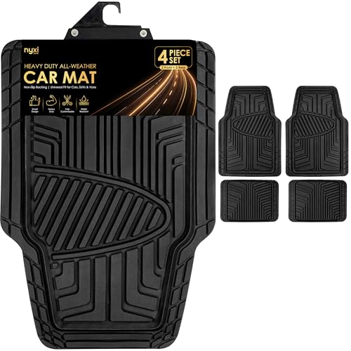 Image of Nyxi Heavy Duty 4 Piece Rubber Car Mat (Front + Rear) Universal Non-Slip Deep Dish Floor Mat for Cars SUV Truck and VAN, Waterproof, All Weather