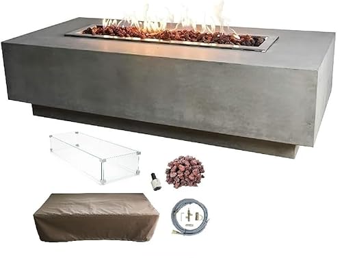 Elementi Granville Gas Fire Pit Cast Concrete Fire Table, Outdoor Fire Pit Electronic Ignition | Canvas Cover, Lava Rock Included | Free AMS Wind Guard | Light Gray (Natural Gas)