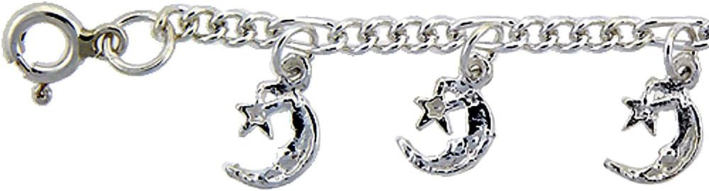 Sterling Silver Dangling Man in the Moon Anklet for Women 14mm Drops fits 9-10 inch ankles