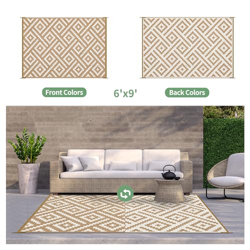 Image of GENIMO Outdoor Rug, Waterproof Plastic Rugs for Patio, 6'x9' Brown White