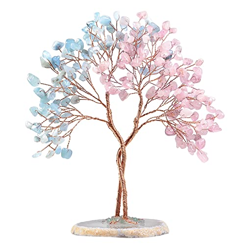 KYEYGWO Rose Quartz+Aquamarine Crystal Stone Money Tree with Agate Slice Base Handmade Feng Shui Bonsai Tree Decoration Love Stone Tree Ornament for Fortune and Wealth