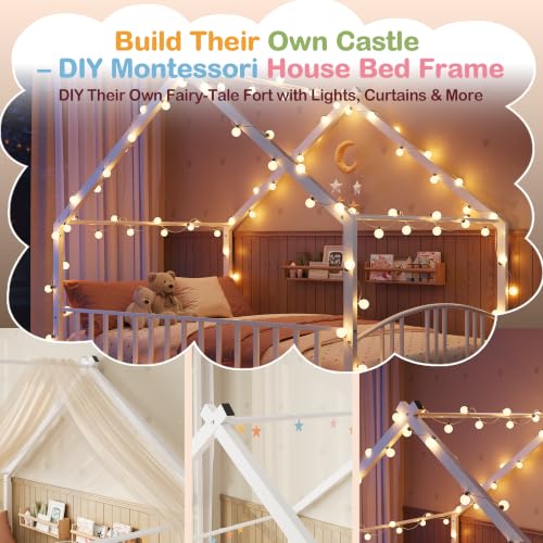 Image of Garvee Full Size Montessori Metal House Floor Bed Frame with Rail, White