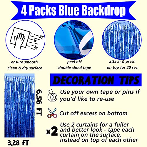 Image of 4 Pack Blue Fringe Curtain Backdrop, 3.2Ft x 6.6Ft Metallic Tinsel Foil Fringe Streamers Background for Photo Booth Birthday Wedding Baby Shower Easter Shark Pool Ocean Underwater Party Decorations