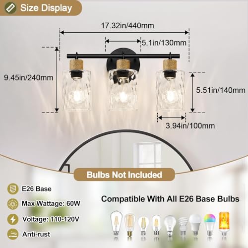 MOKATNG 2025 Upgrade Bathroom Light Fixtures, 3-Light Coastal Vanity Lights with Crystal Glass Shade, Black Bathroom Wall Lamp for Mirror Kitchen Hallway Cabinet - Image 8