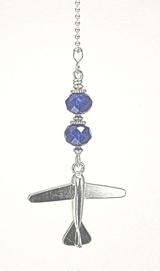 Silvery Metal Airplane Ceiling Fan Pull with Cobalt Blue Faceted Glass
