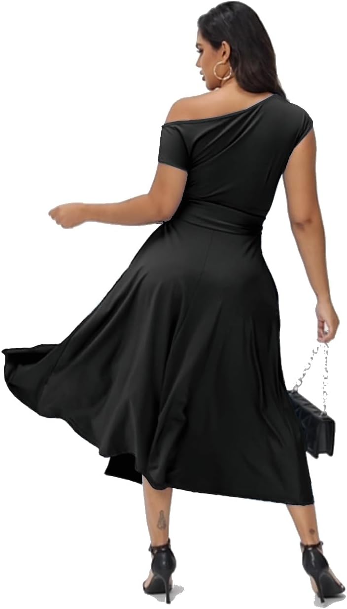 LILYIN Women's Elegant Off Shoulder Sleeveless Belted Side Slit Cocktail Swing Dress with Pockets - Image 4