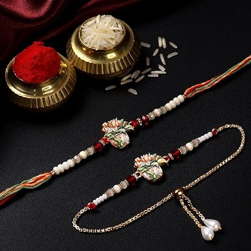 Image of Oblivion Rakhi Set for Brother and Bhabhi - Peacock with Feather Gift for Bhai & Lumba for Bhabhi with Silver Colour Coin and Greeting Card - Raksha Bandhan Combo