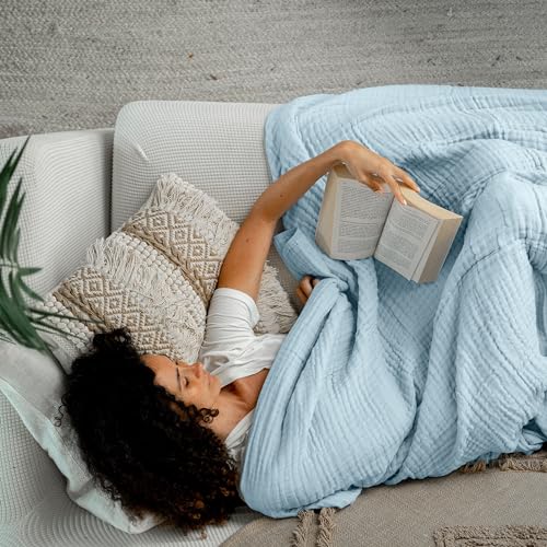 Image of Comfy Cubs Muslin Throw Blanket - 50 inch x 60 inch Quilted Design - Lightweight, Breathable 6-Layer Gauze Fabric - Soft Cotton Blanket for Home or Travel - Packaged in Elegant Gift Box - Sky Blue