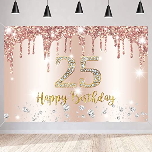 Happy 25th Birthday Party Decoration Backdrop Banner for Women, 25 Years Old Fabric Sign Poster Party Decor, Rosegold Photo Background, 25th Birthday Decorations Party Supplies, 150x90cm