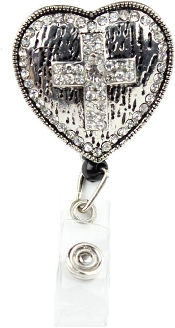3TEN Heart Cross Rhinestone Embedded Pull Reel Badge ID Identification Holder