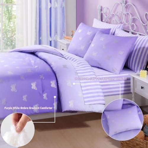 Image of Queen Comforter Set with Sheets for Girls-7 Pieces Soft Queen Bedding Sets | Bed in A Bag with Purple White Gradient Comforter, Pillowcases & Shams, Silver Butterfly, 90 inch X 90 inch