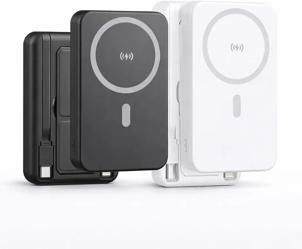 Power Bank 10000mAh com Indução Sem Fio + Cabos Embutidos USB-C e iPhone | Carregador Portátil Turbo 22.5W PD | Entrada USB e Tipo C | Compatível com Android e iOS - Branco OU Preto