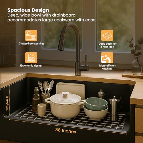 Image of Ruhe Quartz Single Bowl 36x18x9 Inches Drainboard Kitchen Sink | Black Non-fading Colour with UV Protection | Natural Stone Quartz /Granite Sink with Sink Coupling, Waste Pipe & Strainer Basket