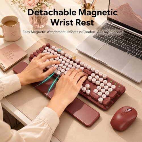 Image of Wireless Keyboard and Mouse Combo, Round Keycaps, Full-Size Retro Typewriter Keyboard with Magnetic Wrist Rest, Tilt Legs, 2.4GHz Cordless for Mac, Windows PC, Laptop, SABLUTE CK23, Burgundy Red
