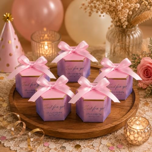 Image of SATYAM KRAFT Pack of 50 Decorative Paper Gift Boxes with Ribbon | Premium Gift Packaging Box for Chocolates, Return Gifts, Wedding & Festive Hampers (Pink)