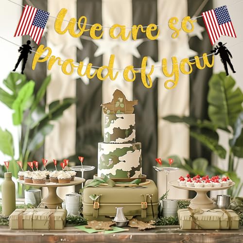 Image of We Are So Proud of You Banner Sign Military Going Away Bunting Banner Flag Patriotic Soldier Garland for Memorial Day Military Day Party Decorations Supplies