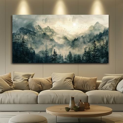 FUHAIHUA Large Framed Wall Decor For Living Room Canvas Wall Art For Office Farmhouse Wall Decorations For Bedroom Forest Fog Landscape Paintings Modern Pictures Artwork Room Home Decor 24x48 In