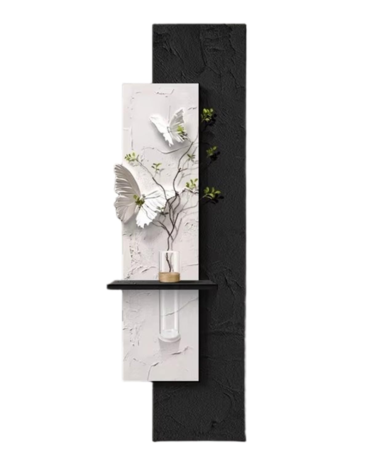 3D dwuwarstwowy piaskowiec motyl sztuka ścienna ze światłem LED i hydroponicznym wazonem - prostokątny bezramowy wiszący mural ścienny