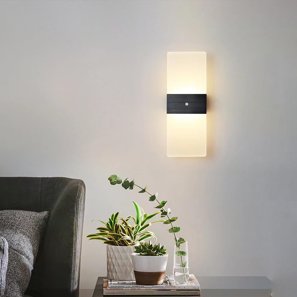 Aplique de Pared LED Rectangular Negro con Detector de Movimiento, 12 W, 3000 K/6000 K, Ideal para pasillos, escaleras y entradas de hoteles. Lámpara de Pared de 6000 K.
