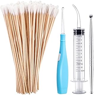 Tonsil Stone Removal Set Includes 1 Stainless Steel Tonsil Stone Removal Tool, 1 Tonsil Stone Remover with LED Light, 100 Long Swabs and 1 Curved Irrigator Syringe to Get Rid of Bad Breath (Blue)