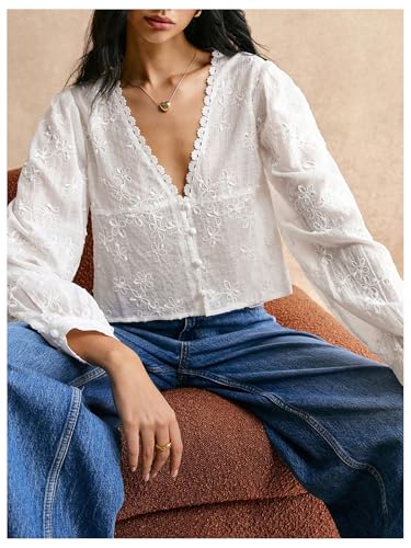 SHENHE Women's Floral Embroidered Long Sleeve Button Crop Blouse Sheer Dressy Top Shirt3