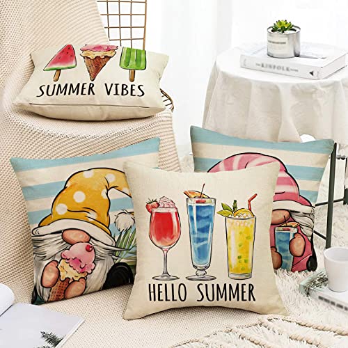 Fahrendom Hello Summer Vibes Gnome Decorative Throw Pillow Cover 18 X 18 Set Of 4, Ice Cream Popsicle Juice Porch Patio Outdoor Pillowcase, Stripes Seasonal Farmhouse Couch Cushion Case Home Decor #TOP6